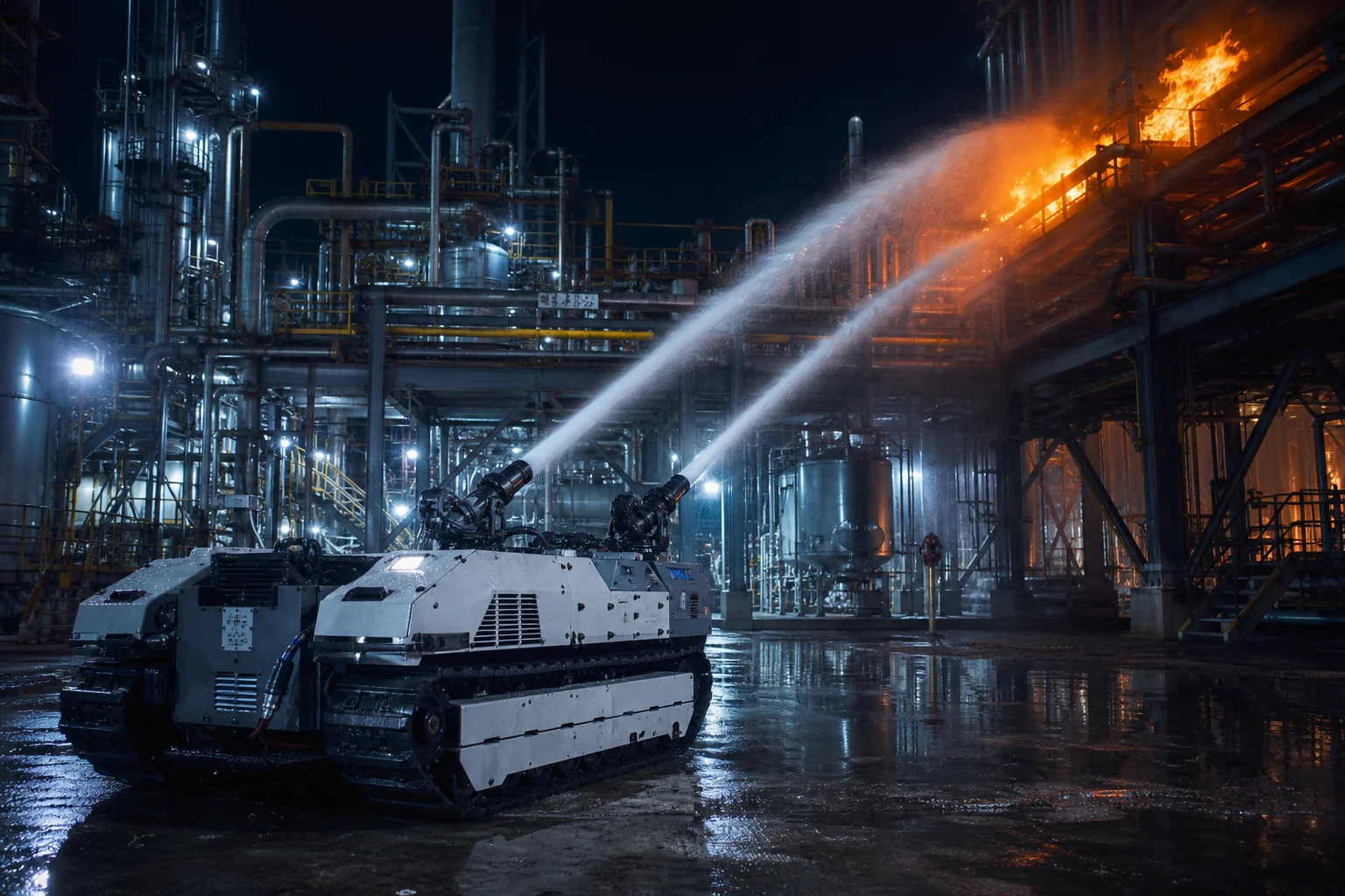 Robotic response platform near refinery fire scenario